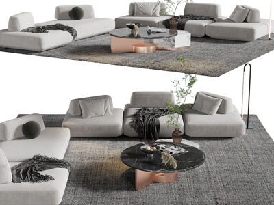 现代多人转角布艺沙发、茶几组合