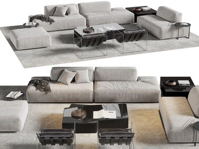 现代布艺多人沙发、脚凳和茶几组合