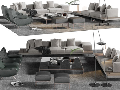 现代布艺多人沙发、沙发凳和茶几组合