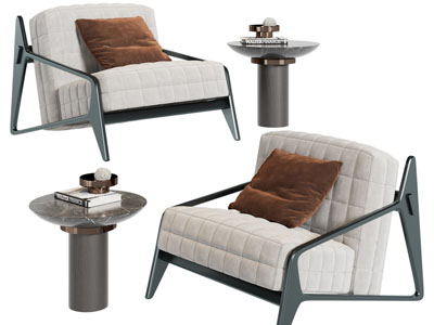 新中式单人沙发、边几3d模型 新中式单人沙发、边几