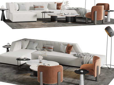 现代转角多人沙发、休闲椅子和茶几组合