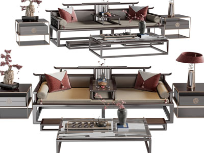 新中式罗汉床、边几和茶几组合