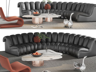 后现代凹凸条纹弧形沙发、休闲椅子和茶几组合