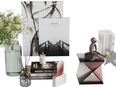 现代书籍、装饰画、香薰摆件组合