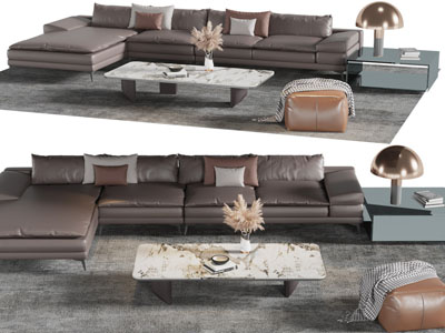 现代皮质转角多人沙发、坐墩和茶几组合
