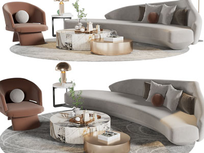 现代弧形沙发、单人沙发和茶几组合