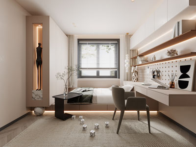 现代榻榻米卧室、书桌椅组合