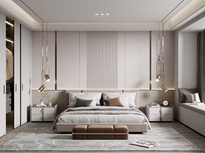 现代卧室、双人床、床头柜