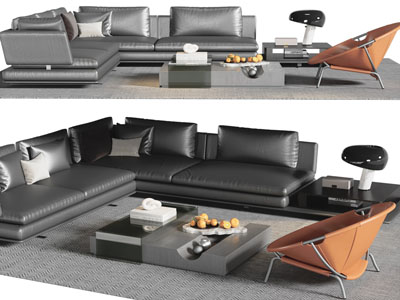 现代转角多人沙发、休闲椅和茶几组合