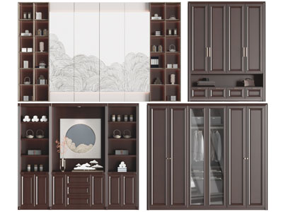 新中式实木装饰柜、衣柜3d模型 新中式实木装饰柜、衣柜