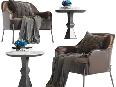 现代皮质单人沙发、边几3d模型 现代皮质单人沙发、边几