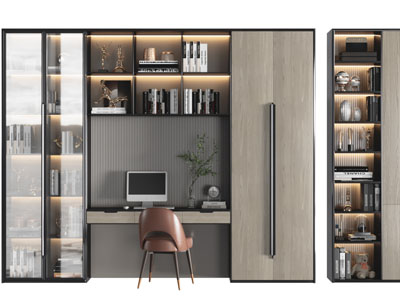 现代带书桌椅的收纳装饰柜