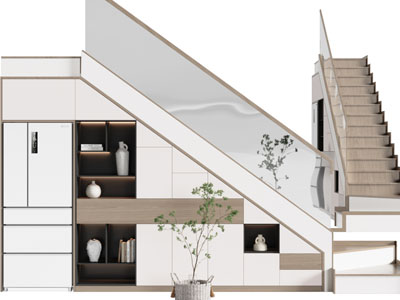 北欧撞色嵌入冰箱的楼梯收纳装饰柜