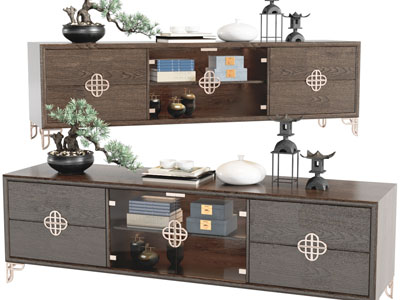 新中式电视柜、盆景摆件