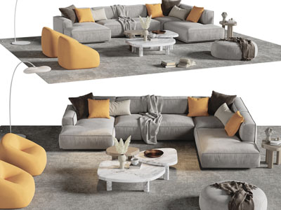 现代多人转角沙发、圆形坐墩和茶几组合