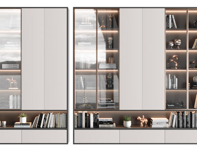 现代玻璃柜门部镂空的装饰书柜