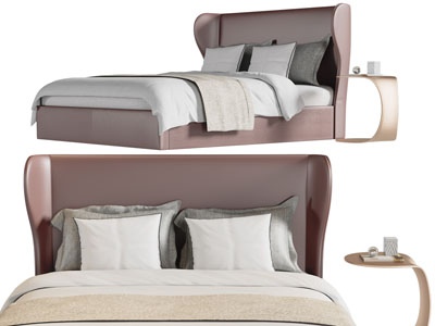 现代带弧度床头的双人床、边几