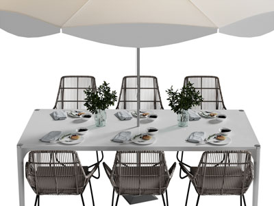 现代户外遮阳伞、餐桌椅组合