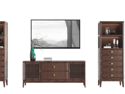 新中式实木电视柜、电视机和装饰柜