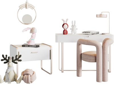 现代轻奢床头柜、书桌椅组合