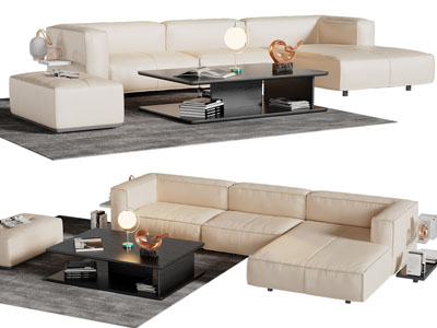 现代转角多人沙发、沙发凳、茶几组合