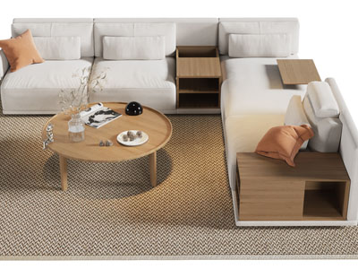 北欧转角多人沙发、实木圆形茶几组合