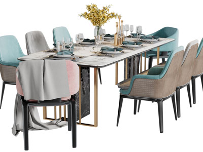 现代轻奢长方形餐桌椅组合