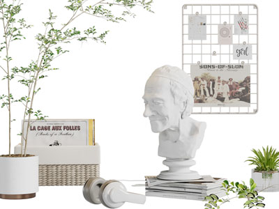 现代收纳筐、书籍、雕塑摆件组合