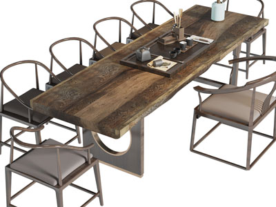 新中式长方形茶桌椅组合