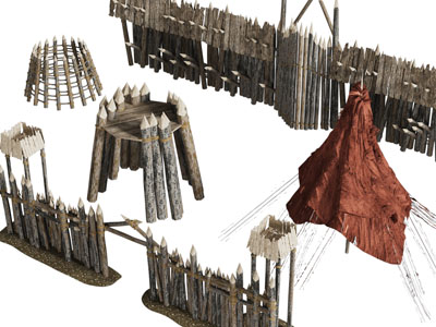 现代原始营地、帐篷和大门