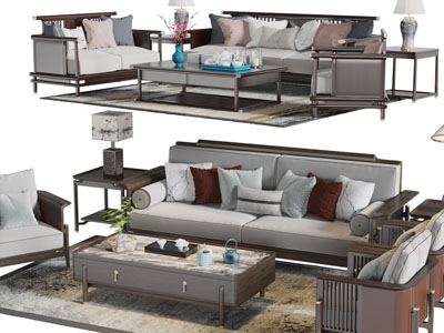 新中式双人、单人沙发和茶几组合