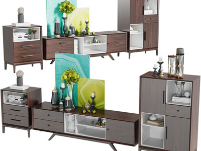 现代实木电视柜、边柜、摆件组合