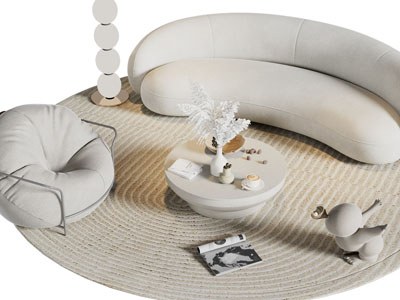 侘寂风弧形多人、单人沙发和茶几组合