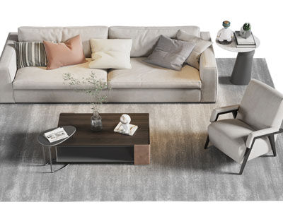 现代布艺双人沙发、休闲椅子和茶几组合