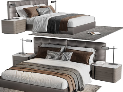 现代皮质床头双人床、床头柜