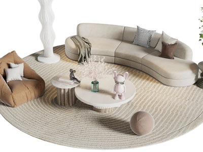 侘寂风多人沙发、懒人沙发和茶几组合