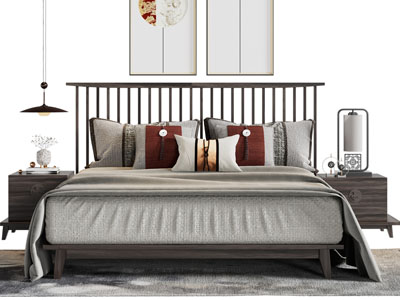 新中式实木双人床、床头柜