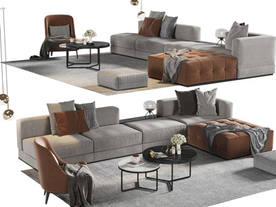 现代布艺转角多人沙发、休闲沙发椅和茶几组合