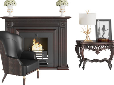 欧式壁炉火炉、休闲沙发椅和边几