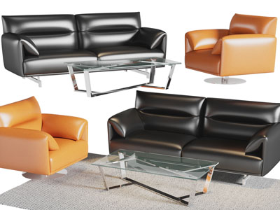 现代皮质双人、单人沙发、茶几组合