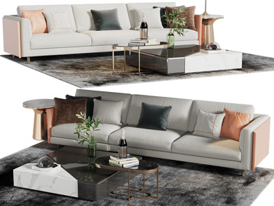 现代多人沙发、茶几边几组合