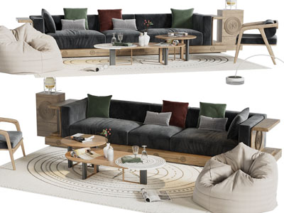 现代实木多人沙发、休闲椅子和茶几组合