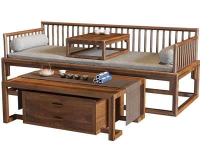 新中式实木罗汉床、茶几组合3d模型 新中式实木罗汉床、茶几组合