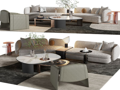 现代多人沙发、休闲椅子和茶几组合