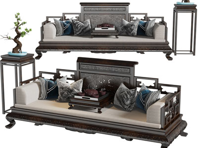 中式实木雕花罗汉床、花架盆景3d模型 中式实木雕花罗汉床、花架盆景