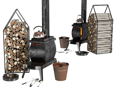 现代铁艺火炉、柴火