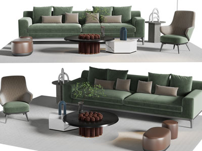 现代布艺多人沙发、休闲椅子和茶几组合