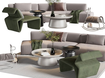 现代弧形多人沙发、休闲椅子和茶几组合