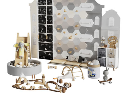 现代儿童室内攀岩墙、轨道玩具车、滑滑梯3d模型 现代儿童室内攀岩墙、轨道玩具车、滑滑梯