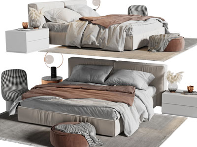 现代布艺双人床、床头柜